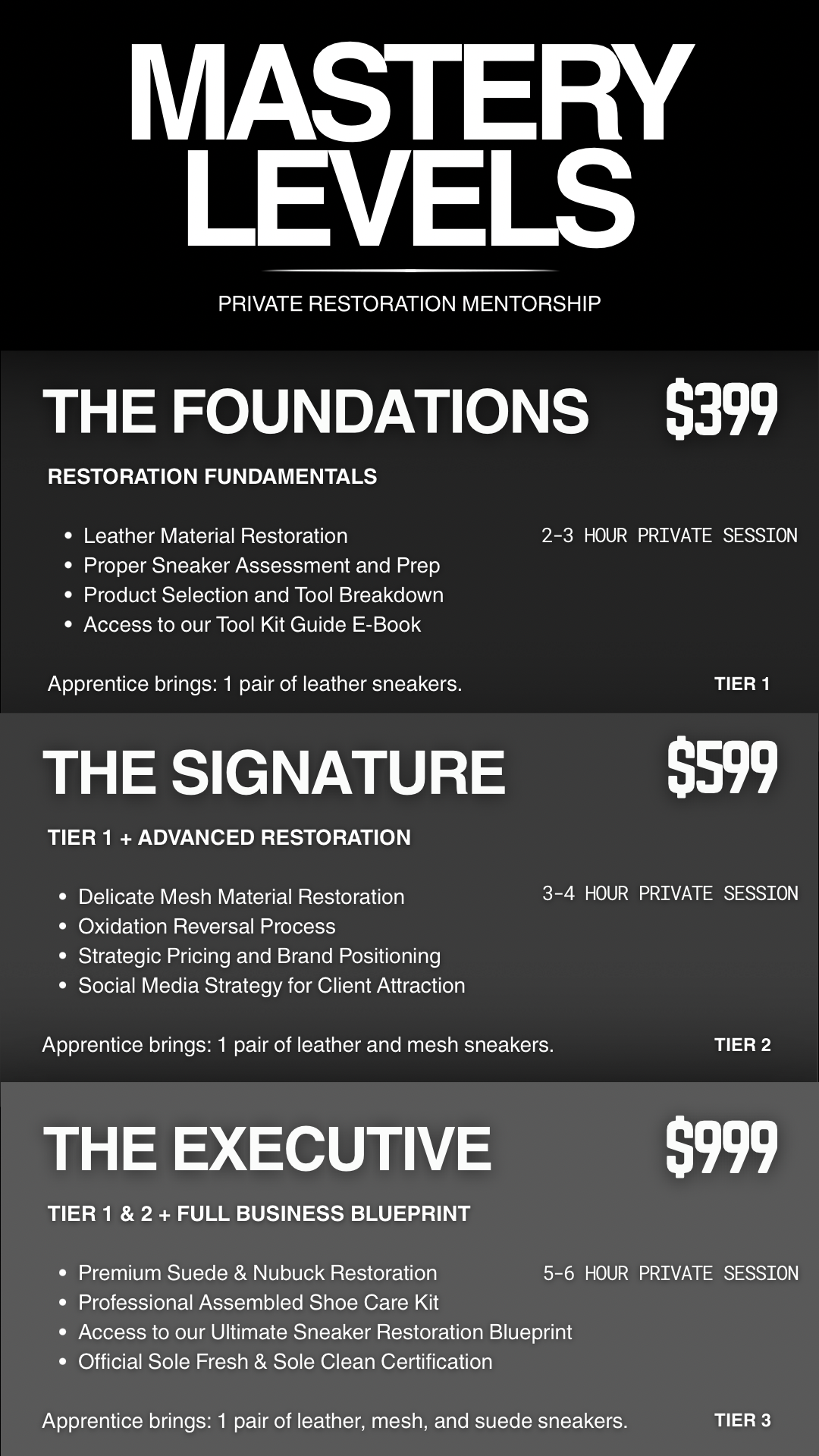 Mastery Levels Private Restoration Mentorship pricing and package details on a black background.