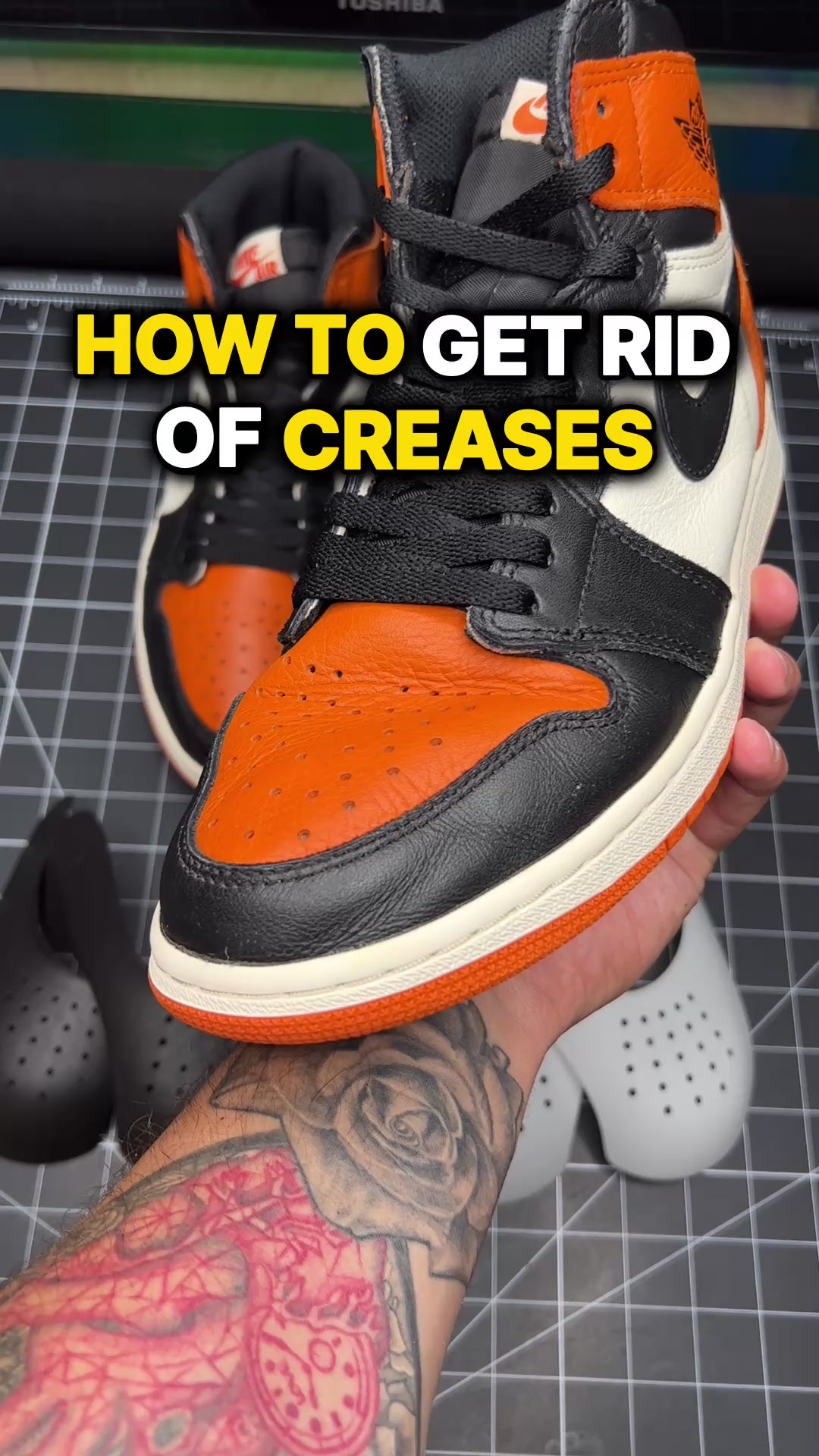 how to fix creases in your sneakers. This is the Before & After of Air Jordan 1 Shattered Backboards with and then without Crease Shields.