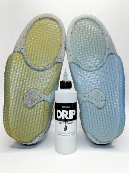 Before & after transformation of Nike Air Mags, once yellowed, and now restored back to looking icy and new using "Drip Sole Sauce". Use the best sole sauce for shoes, "Drip Sole Sauce", to revive sneaker soles, midsoles, and toe caps, unyellowing icy soles back to their original color. 