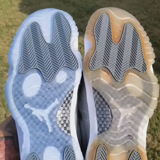 Restoration tutorial on how to unyellow jordan 11 soles showing Before & after transformation of Jordan 11 Cool Grey soles, once yellowed, and now restored back to looking icy and new using "Drip Sole Sauce". Witness the power of Drip  for reviving sneaker soles, midsoles, and toe caps, unyellowing icy soles back to their original color. 