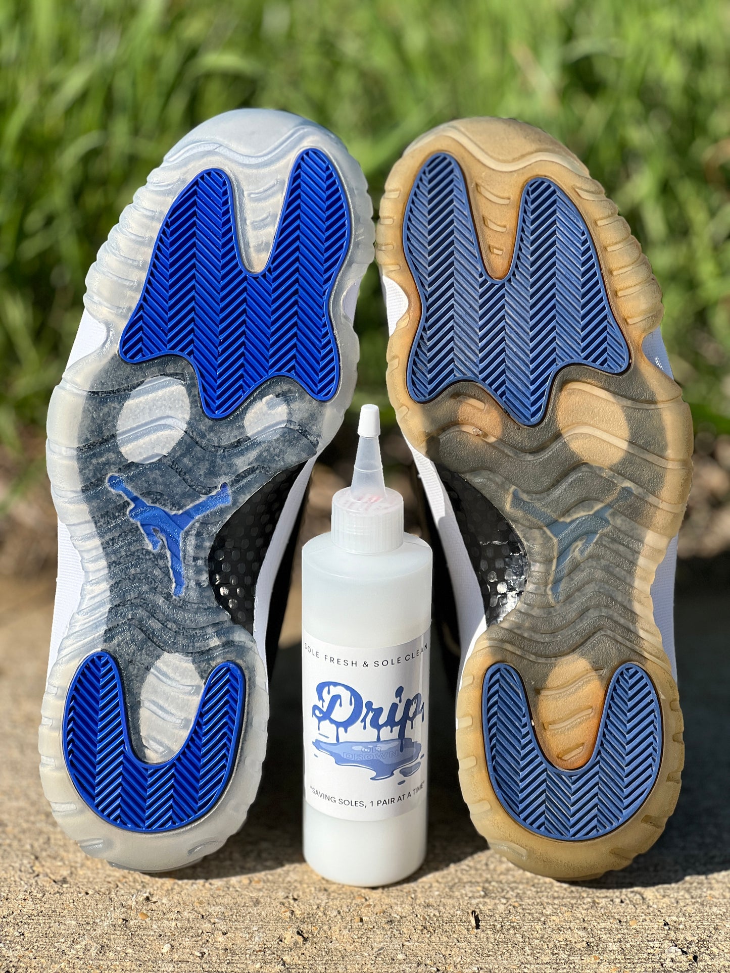 Before & after transformation of Jordan 11 Space Jam soles, once yellowed, and now restored back to looking icy and new using "Drip Sole Sauce". Use the best sole sauce for shoes, "Drip Sole Sauce", to revive sneaker soles, midsoles, and toe caps, unyellowing icy soles back to their original color. 